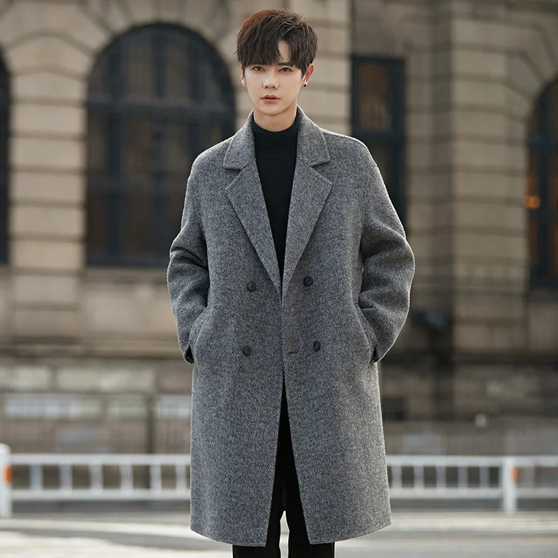 Fall Double Faced Wool Overcoat Loose Collar High End Outerwear Mid Long Length Coat Blends