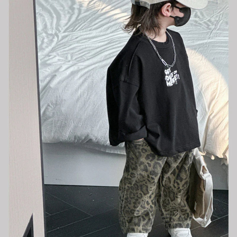 Hip Hop Casual Loose Children's Pants Children's Pure Cotton Leopard Pattern Jeans Trendy Casual Pants