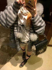 Harajuku Long Sleeve Hooded Cardigan Knit Casual Sweet Striped Sweater Pure Color Faux Fur Collar Streetwear