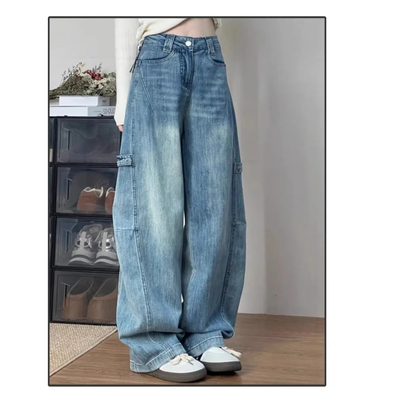 Women' Curved Straight Wide Leg Light Blue Jeans Young Girl Denim Trousers Vintage Street Style Bottoms High Waisted Pant