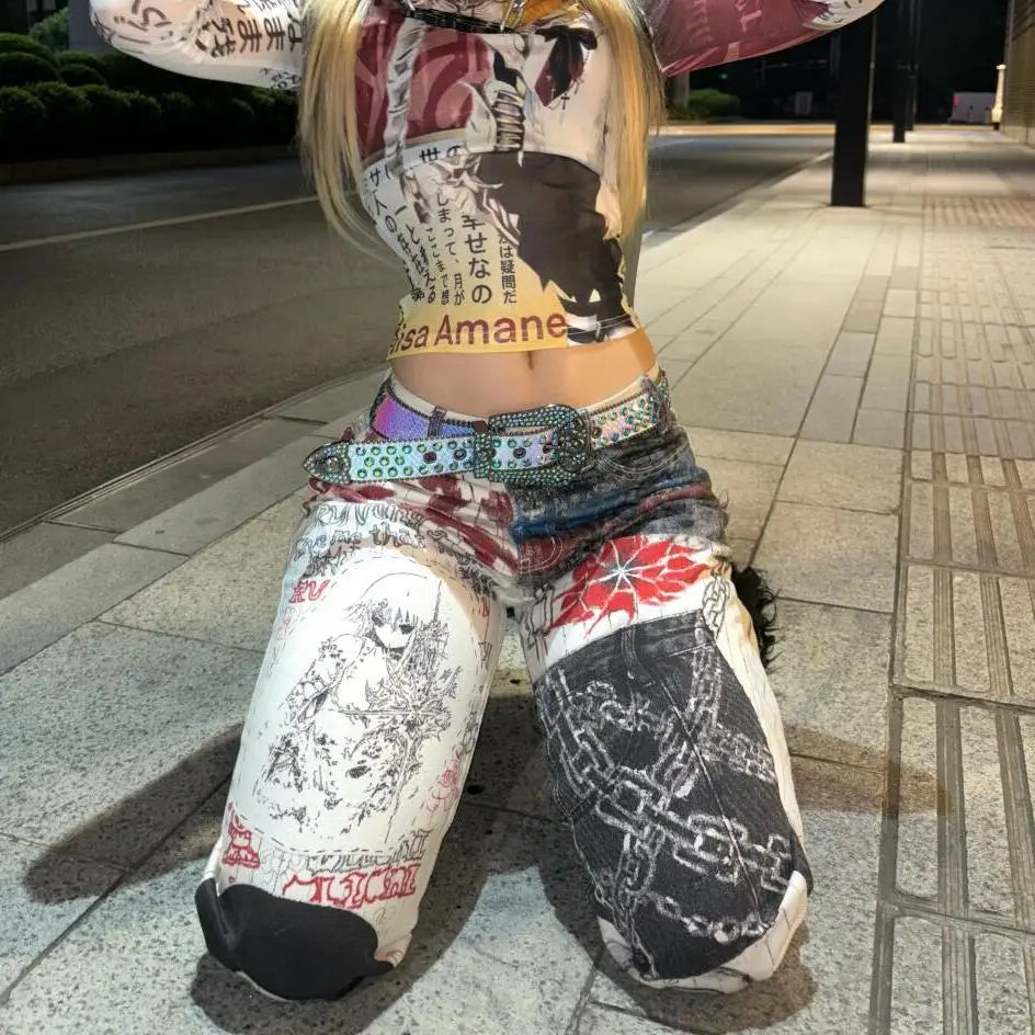 Y2K High Street Retro Graffiti Printed Baggy Jeans Streetwear Hip Hop Loose Japanese Millennium Casual Straight Jeans