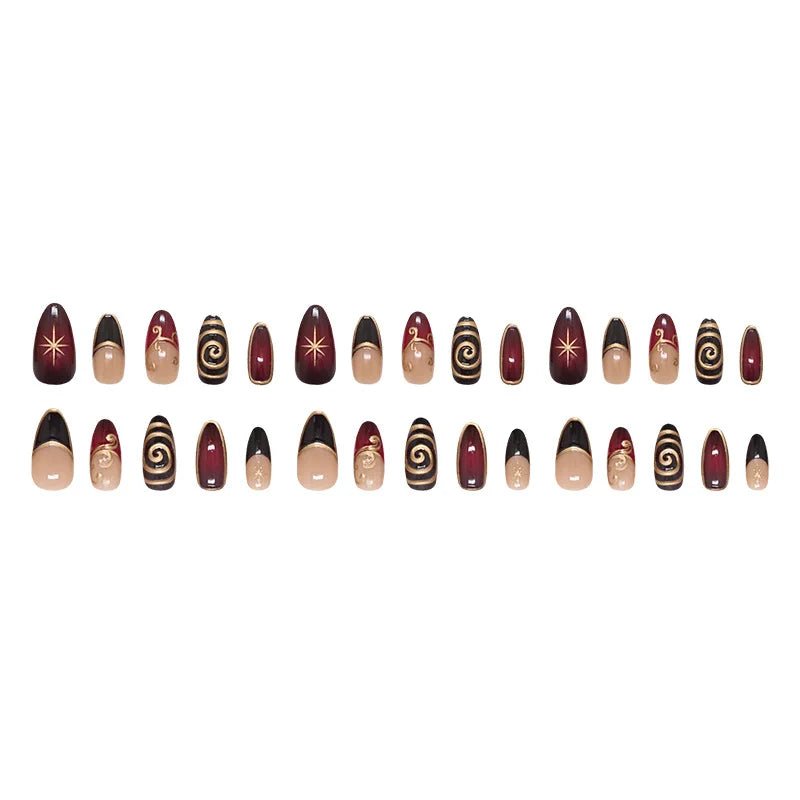 24pcs Golden Lines Patterns False Nails Dark Purple Blush French Fake Nails