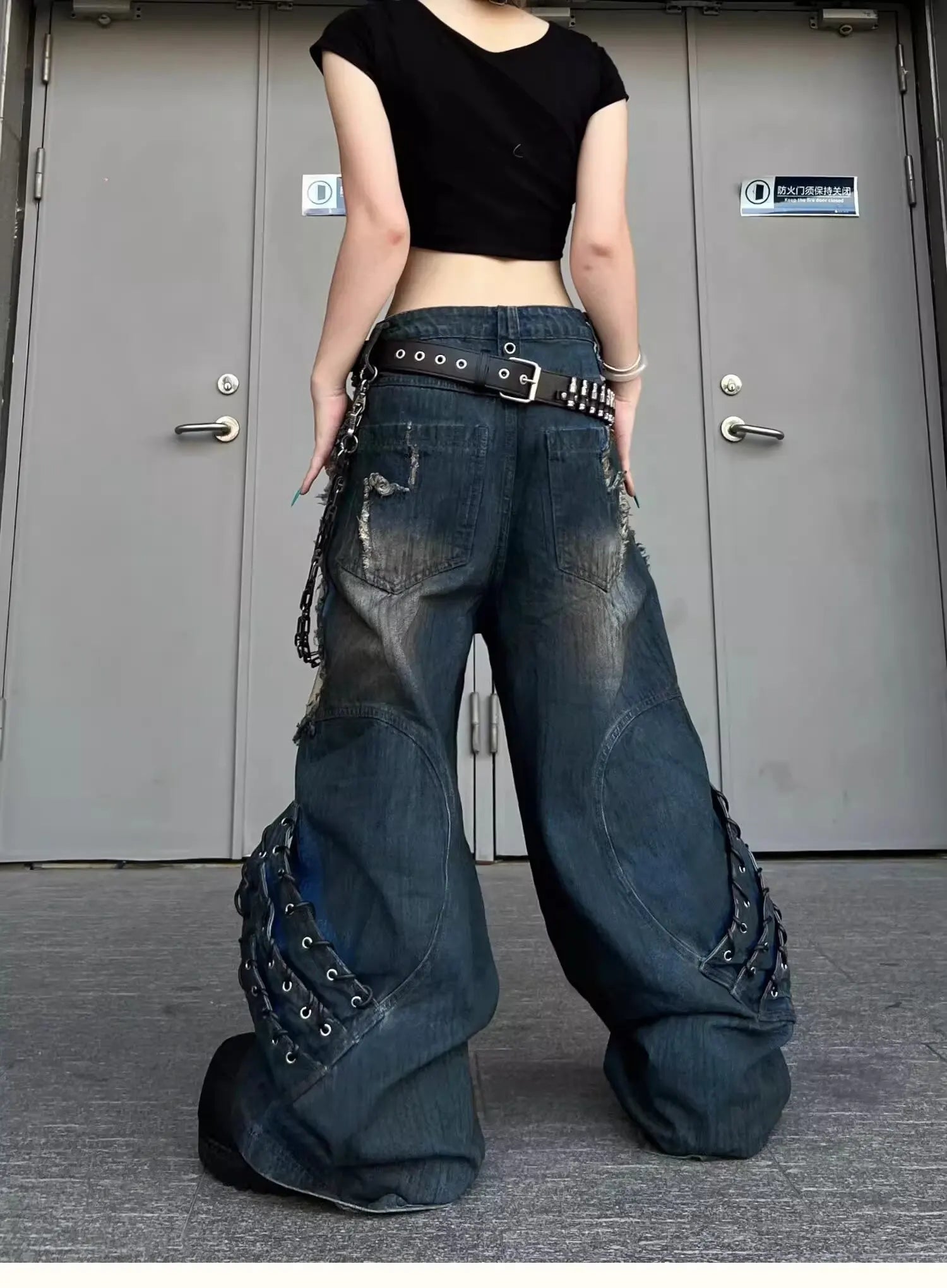 Vintage Patchwork Distressed Jeans Hip Hop Loose Wide Leg Cargo Pants Washed Distressed Denim Trousers