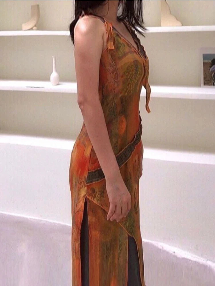 Harajuku Irregular Y2k Vestidos Korean Fairy Elegant Sleeveless Dresses Personality Vintage Print Dress