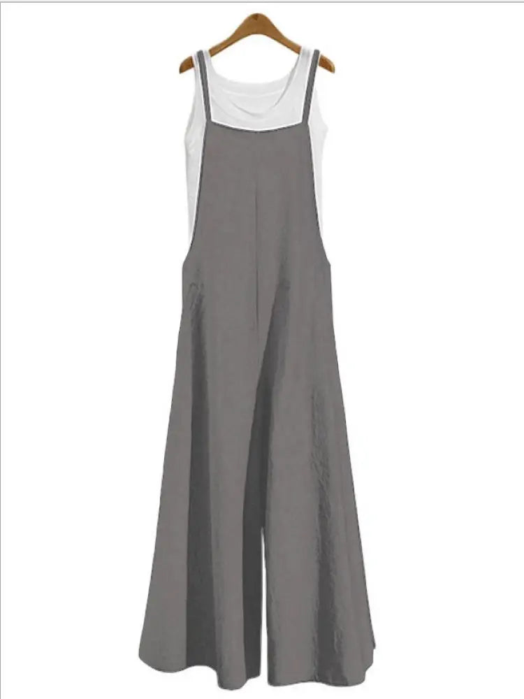 Sleeveless Jumpsuit Solid Color Wide Leg Bib Overalls Casual Loose Cotton Linen Straps Dungaree