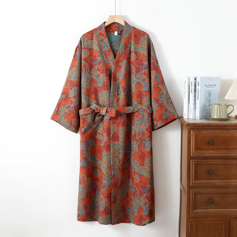 Lady Kimono Print Flower Bathrobe Gown Sweat Steaming Bathrobe Shower Peignoir Pajamas Cotton Sleepwear Loungewear