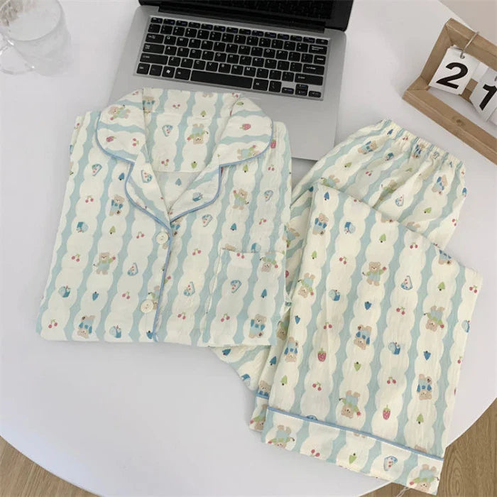 2 PCS Pajama Sleepwear Pajama Set Long Sleeved Pants Suit Peach Print Ventilate Soft Comfortable Home Leisure Home Clothes