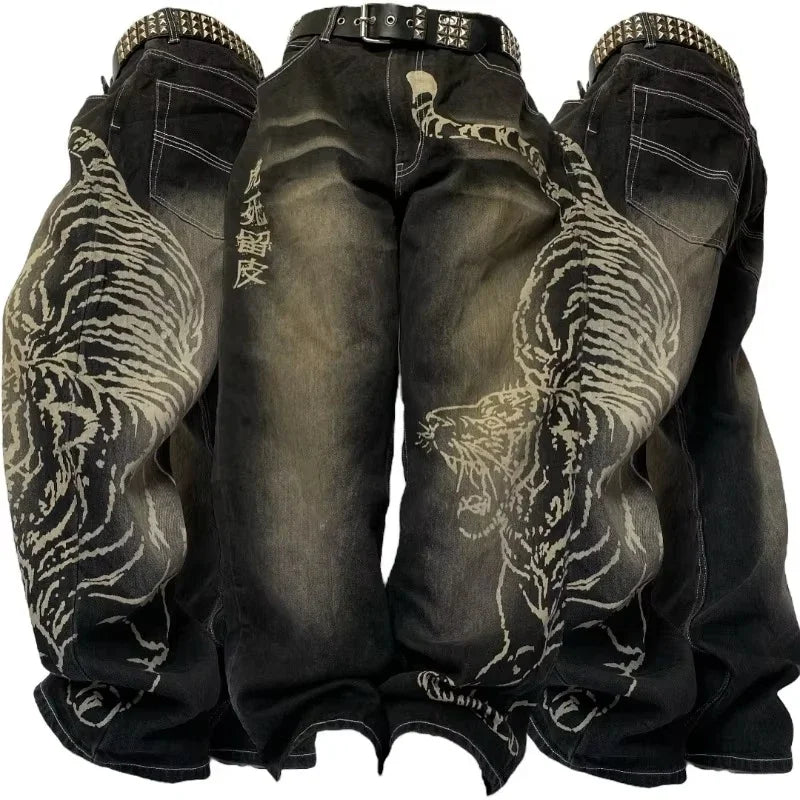 American Oversize Pattern Embroidered Baggy Jeans Y2K Gothic Harajuku Hip Hop Straight High Waist Wide Leg Pants