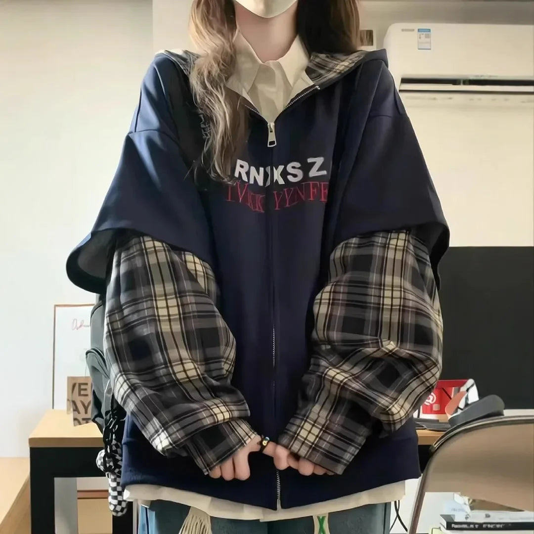Two-Piece Illusion Plaid Hooded Sweatshirt Thin Style Design Sensibility Niche Loose Fit Idle Style Couple