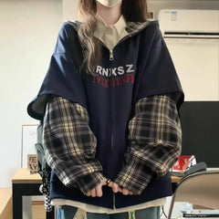 Two-Piece Illusion Plaid Hooded Sweatshirt Thin Style Design Sensibility Niche Loose Fit Idle Style Couple