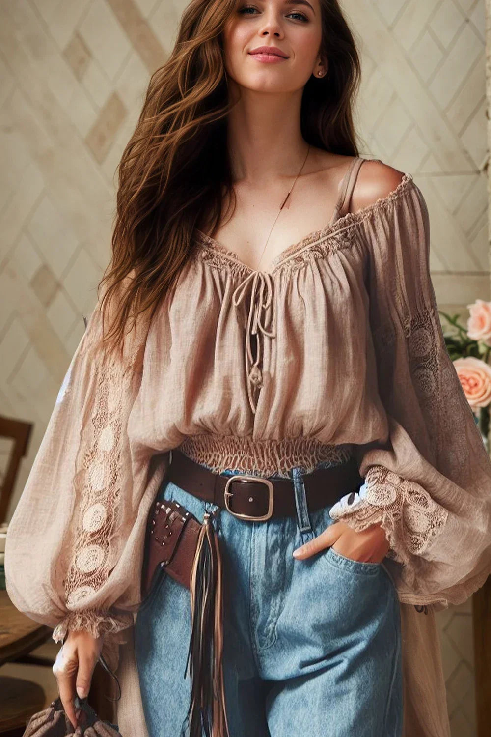 Boho Shirt Off Shoulder Lace Up Lantern Sleeve Vintage Sweet Cropped Blouse Top Hollow Out Casual Lace Blouse Tops