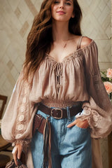 Boho Shirt Off Shoulder Lace Up Lantern Sleeve Vintage Sweet Cropped Blouse Top Hollow Out Casual Lace Blouse Tops