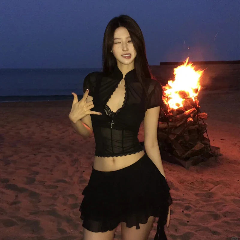 Y2k American Girls Two-Piece Suit Hollow Lace Mesh Shirt Irregular Mini Shirt Retro Causal Skirt Suits
