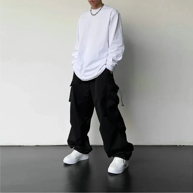 Casual Cargo Pants Streetwear Classic Man Straight Wide-leg Pants Drawstring Workwear Trendy Loose Cargo Trousers