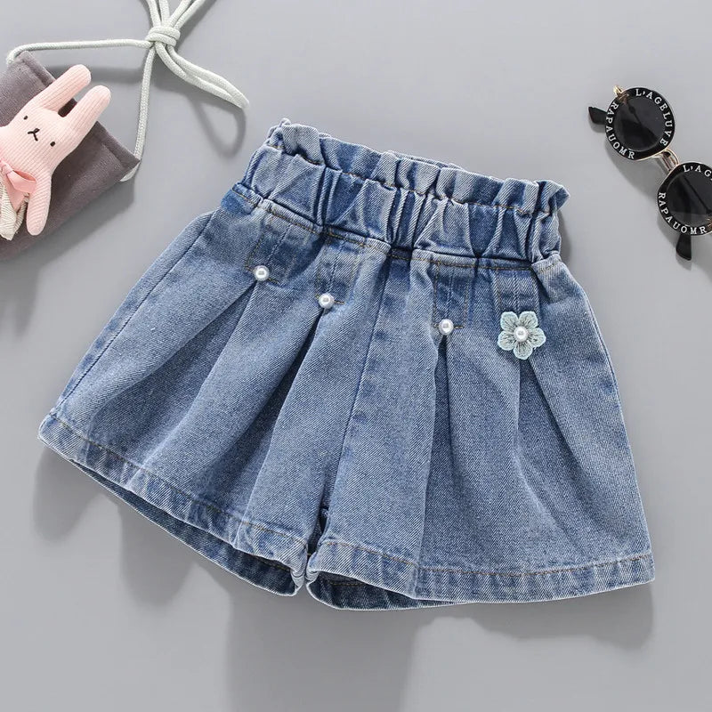Girls Denim Shorts Korean Children's Pleated Jeans 4-12Years Teens Girls Short Jeans Pearl Decoration