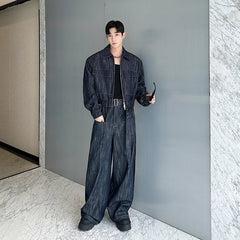 Denim Set Distressed Denim Set Short Lapel Jacket Cargo Pockets Straight Wide Leg Long Jeans Innovative Front Pockets