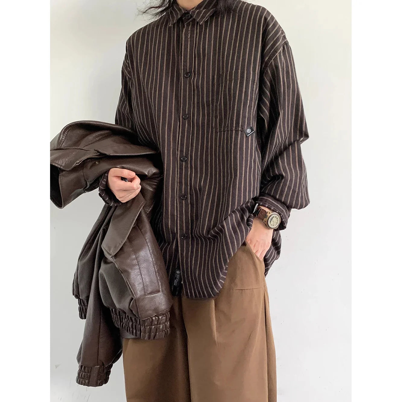 Japanese Retro Vintage Striped Shirt Long Sleeve Loose Casual Oversized Blouse Ins Trendy Top Streetwear