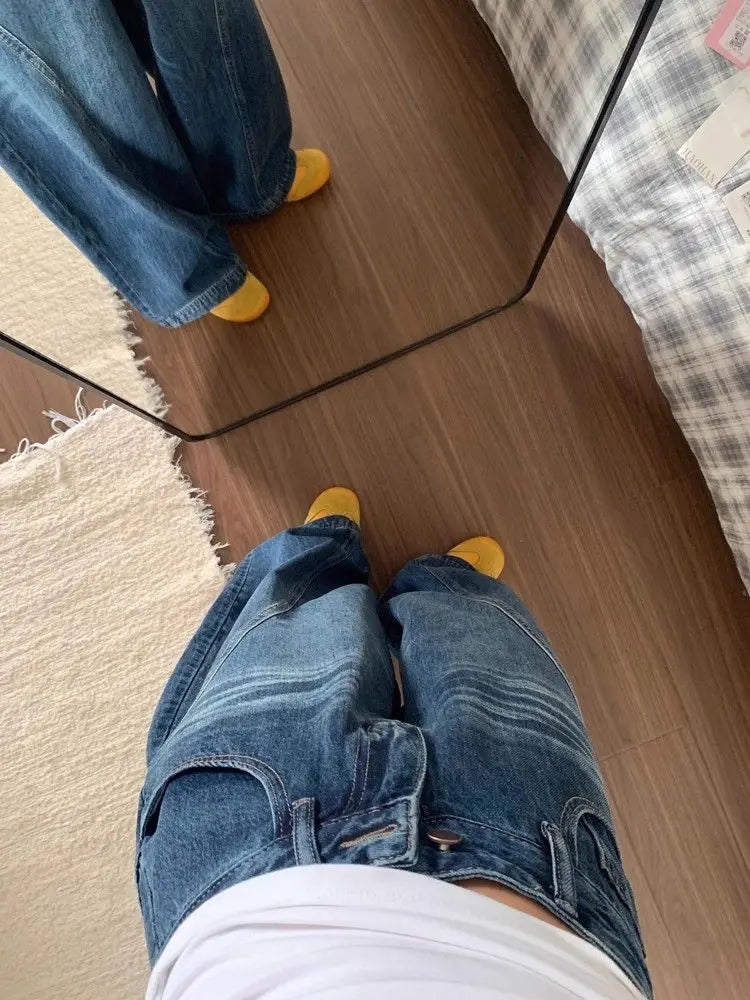 Blue High Street Wide Leg Jeans Loose Slimming Drapey Straight Floor-Length Pants Ladies Denim