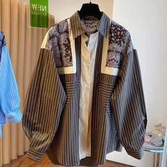 Korean Print Spliced Striped Long-Sleeved Shirt Loose Casual All-match Lapel Blouse Lady Tops