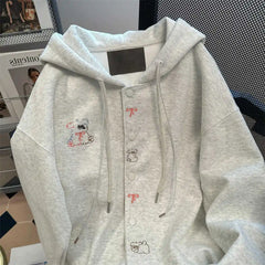 Vintage Cute Dog Print Sweatshirt Open Cardigan Loose College Style Casual Match Hat Hoodie Jacket