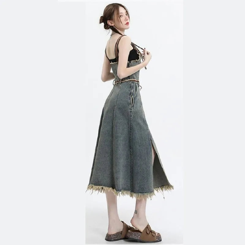Vintage Denim Skirt Matching Set Elegant Loose Hollow Knitted Shirt+Split Dress Two Piece Suit