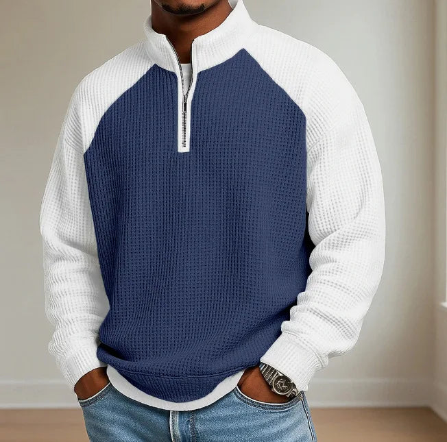 Casuals Sweatshirt Vintage Patchwork Waffle Plaid Textured Pullovers Stand Collar Zipper Jumper