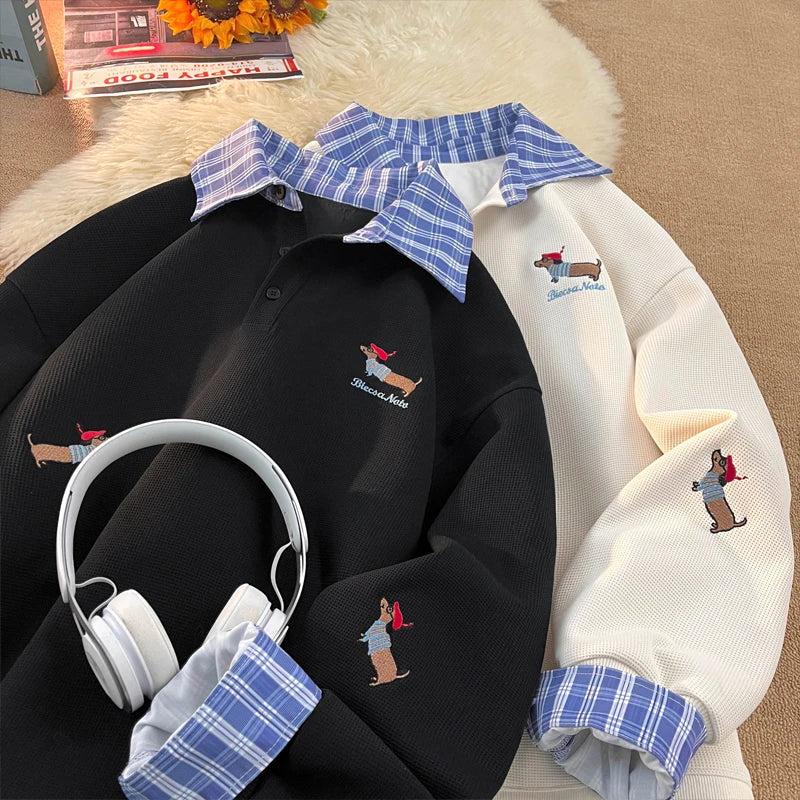 Plaid Patchwork Fake Two Sweatshirt College Style Puppy Embroidery POLO Collar Sweatshirt Loose Pullover Tops