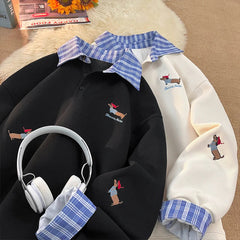 Plaid Patchwork Fake Two Sweatshirt College Style Puppy Embroidery POLO Collar Sweatshirt Loose Pullover Tops