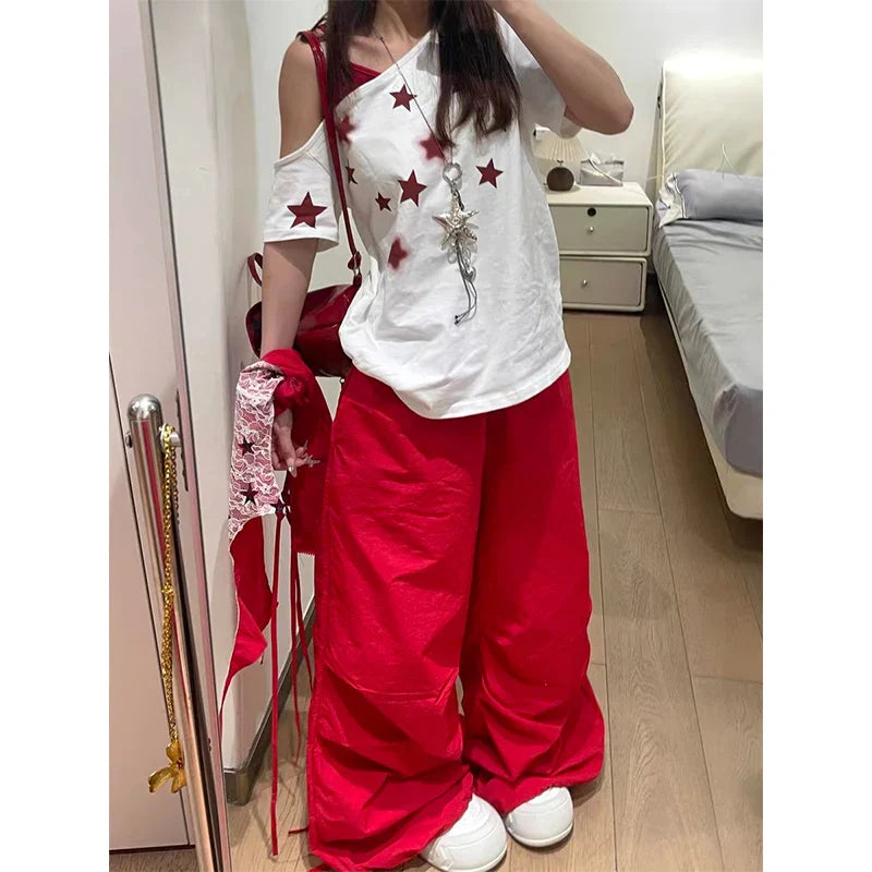 Red Baggy Parachute Pants Oversize Cargo Pants Harajuku Japanese Y2k Gyaru Vintage Trousers Clothes