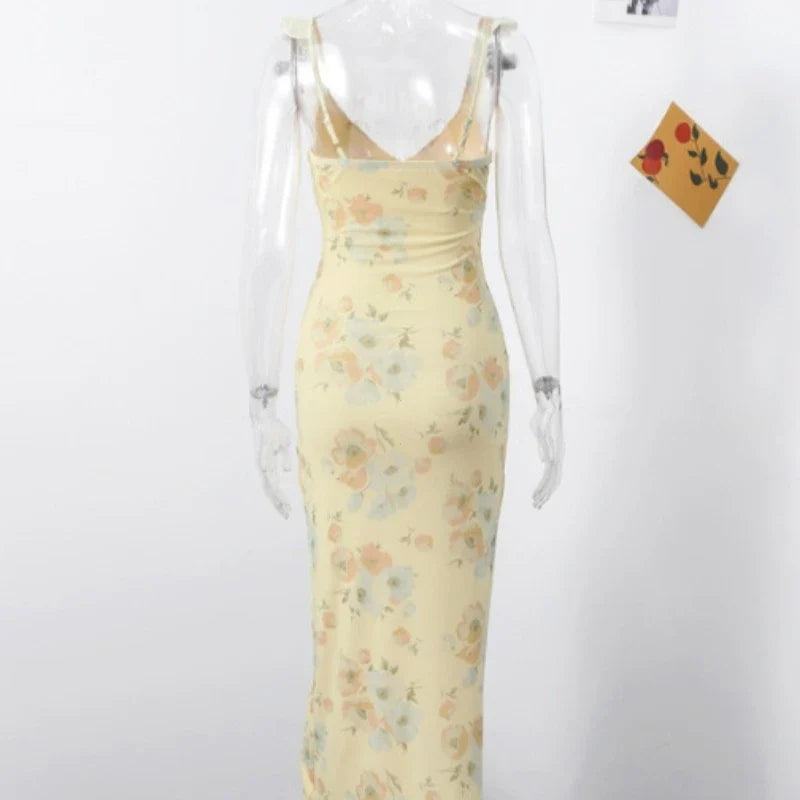 Flower Printed Low-cut Dress Sleeveless Backless Slim Sling Dresses Beach Vacation Lady Vestidos