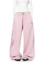 Pink Wide Leg Sweatpants Letter Print Drawstring Waist Casual Streetwear Trousers