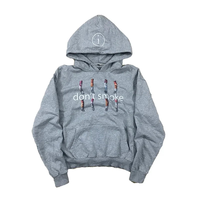 Y2K Gray Sports Hoodie Retro Smoke Print Sweater Vintage Classic Hip Hop Streetwear Clothing Loose Jacket