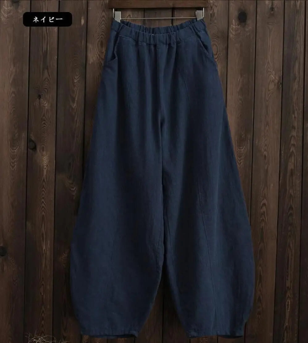 Cotton Linen Bloomers Wide Leg Pants Vintage Full Length Elegent Pants Solid Elasitic Waist 5XL