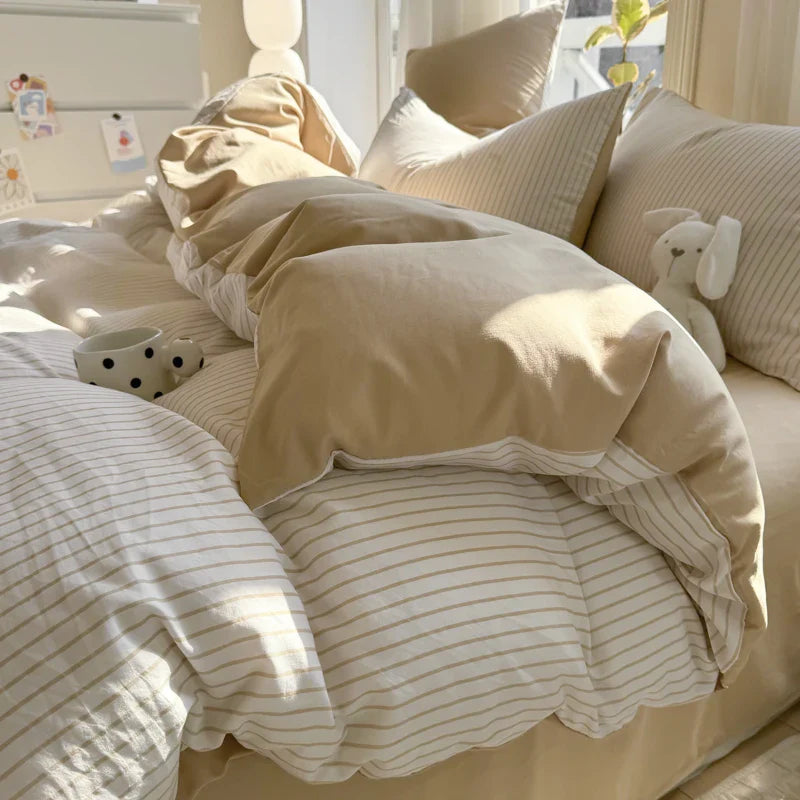 Pure Cotton Home Textile Striped Bedding Set Simple Soft Duvet Cover Sheet Pillowcase Ins Style Bed Linens Queen King Size