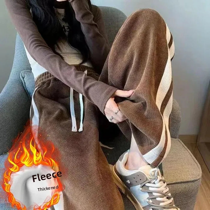High Waist Thickened Fleece Lined Corduroy Pants Casual Straight Leg Trousers Color Block Stripe Design Trendy Long Pant