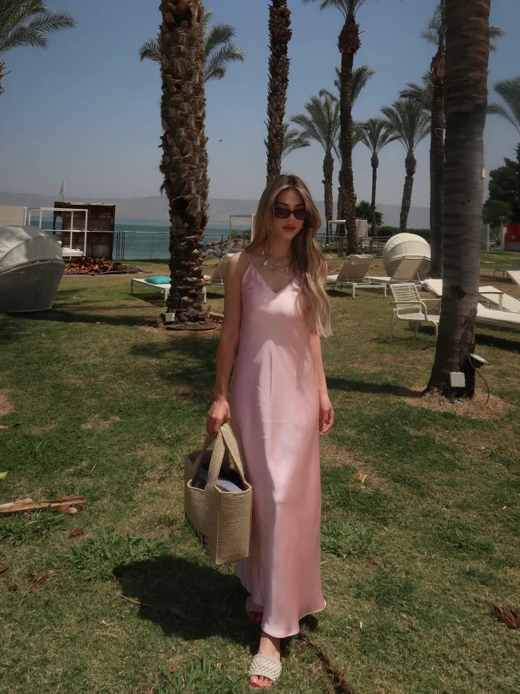 Off Shoulder Pink Satin Maxi Dresses Sleeveless Backless Bodycon Hollow Out Gowns Evening Party Robes