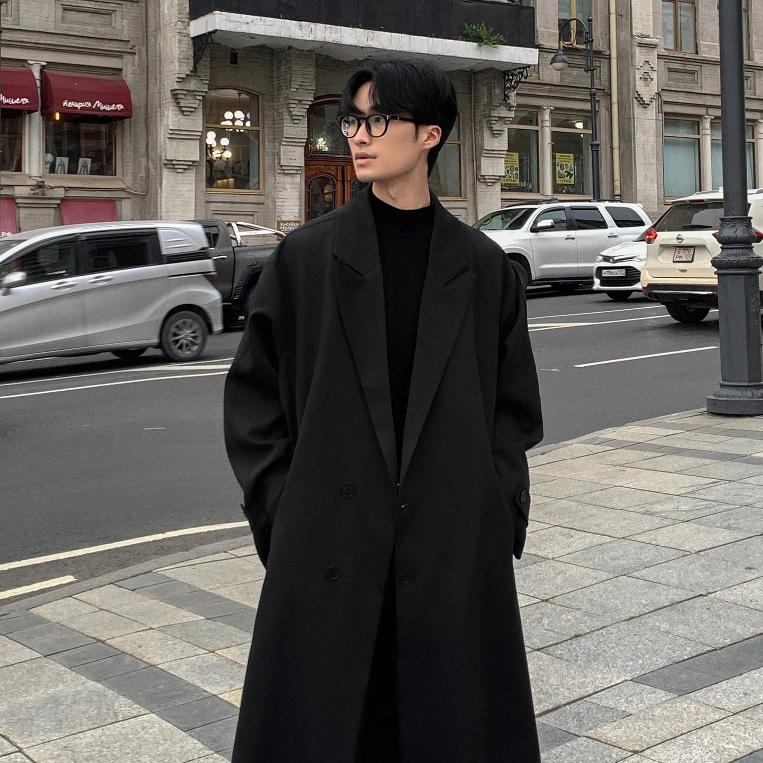Trench Coat Korean Overcoat Male Long Windbreaker Streetwear Trench Outerwear Black/Gray/Coffee