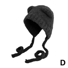 Plush Beanies Cute Bear Ear Wool Hat Warm Lace-up Gorros Knitting Cap Bonnets Protection Bomber Korea Ear Knit X4L2