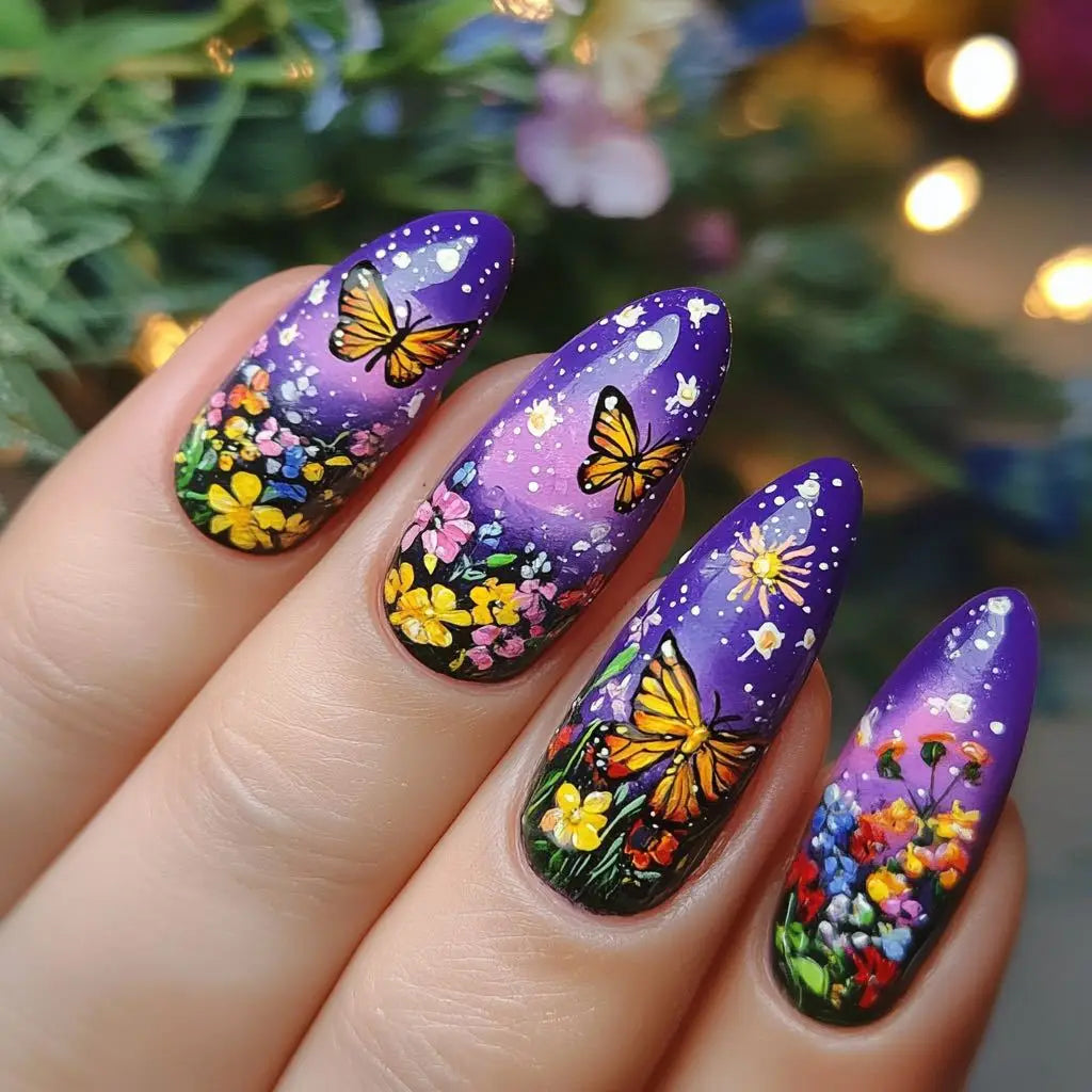 24pcs/set Medium long fake nails Swan fish flowers