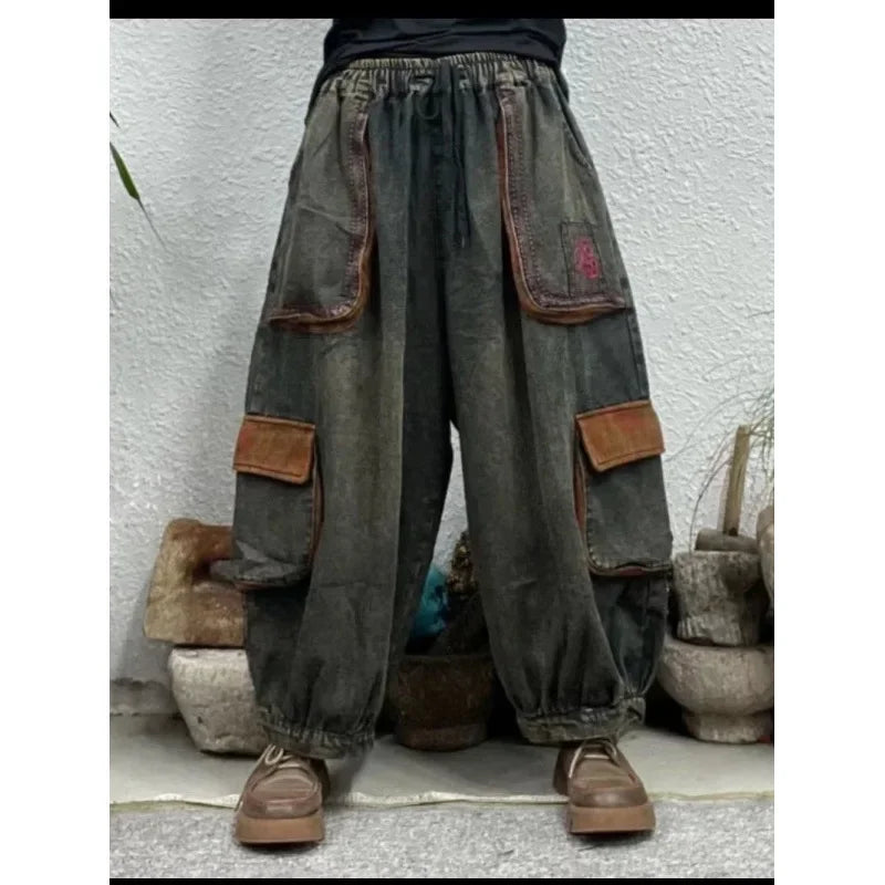 Retro Pocket Harlan Denim Lantern Pants Loose Nine Points Elastic Waist Loose Fit High Waist Jeans Lantern Trousers
