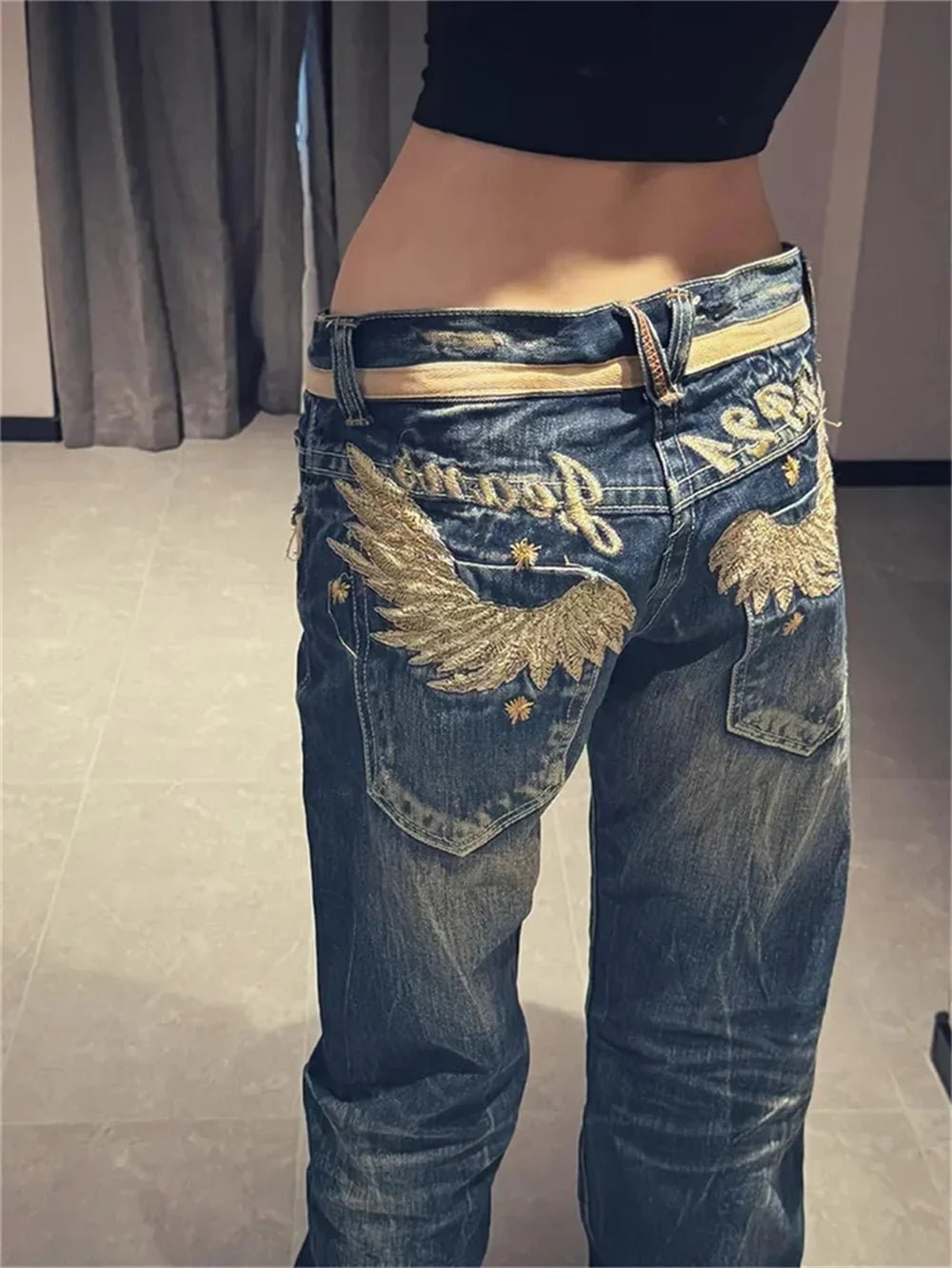 American Personalized Gold Wing Embroidered Jeans Children's Girl Design Sense Low Waist Micro Flared Pants