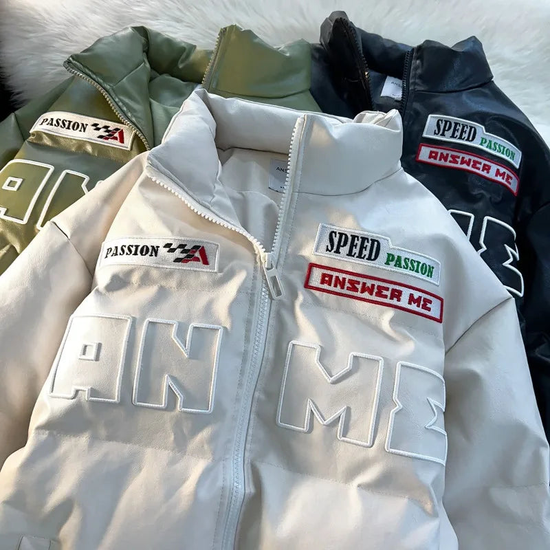 American Embroidered PU Leather Bread Clothes Y2K Street Casual Couple Cotton Coat Warm Coat