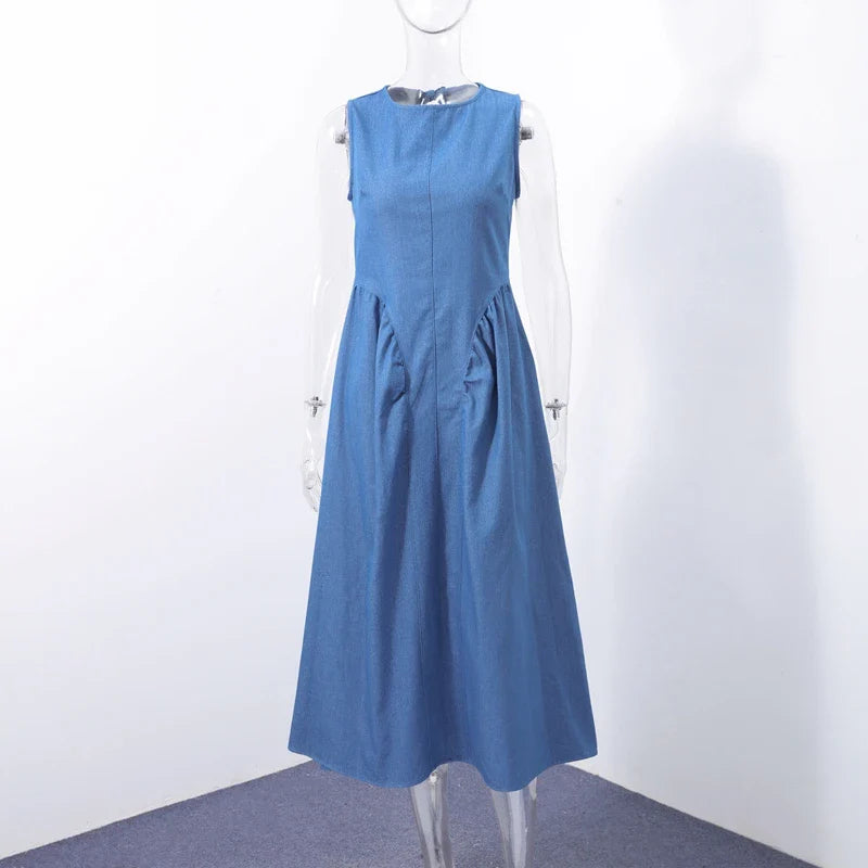 Trendy Denim Dresses Backless Sleevess Long O-Neck Dress Vintage Washed Blue Casual Daily Beach Streetwear