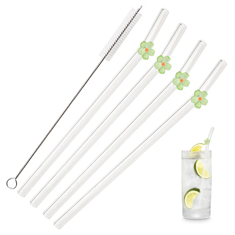 5Pcs 8mm Glass Straw Reusable Drinking Straws Cute Flower Heat-Resistant Straw