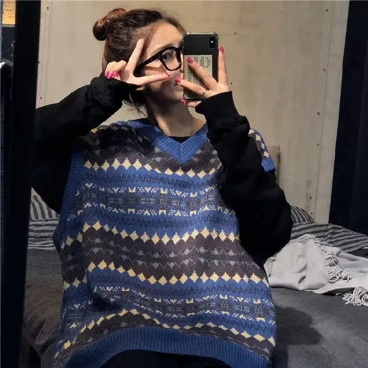 Ethnic Style Knitted Sweater Vintage Round Neck Loose Fit Olded Feeling Pullover Sweater