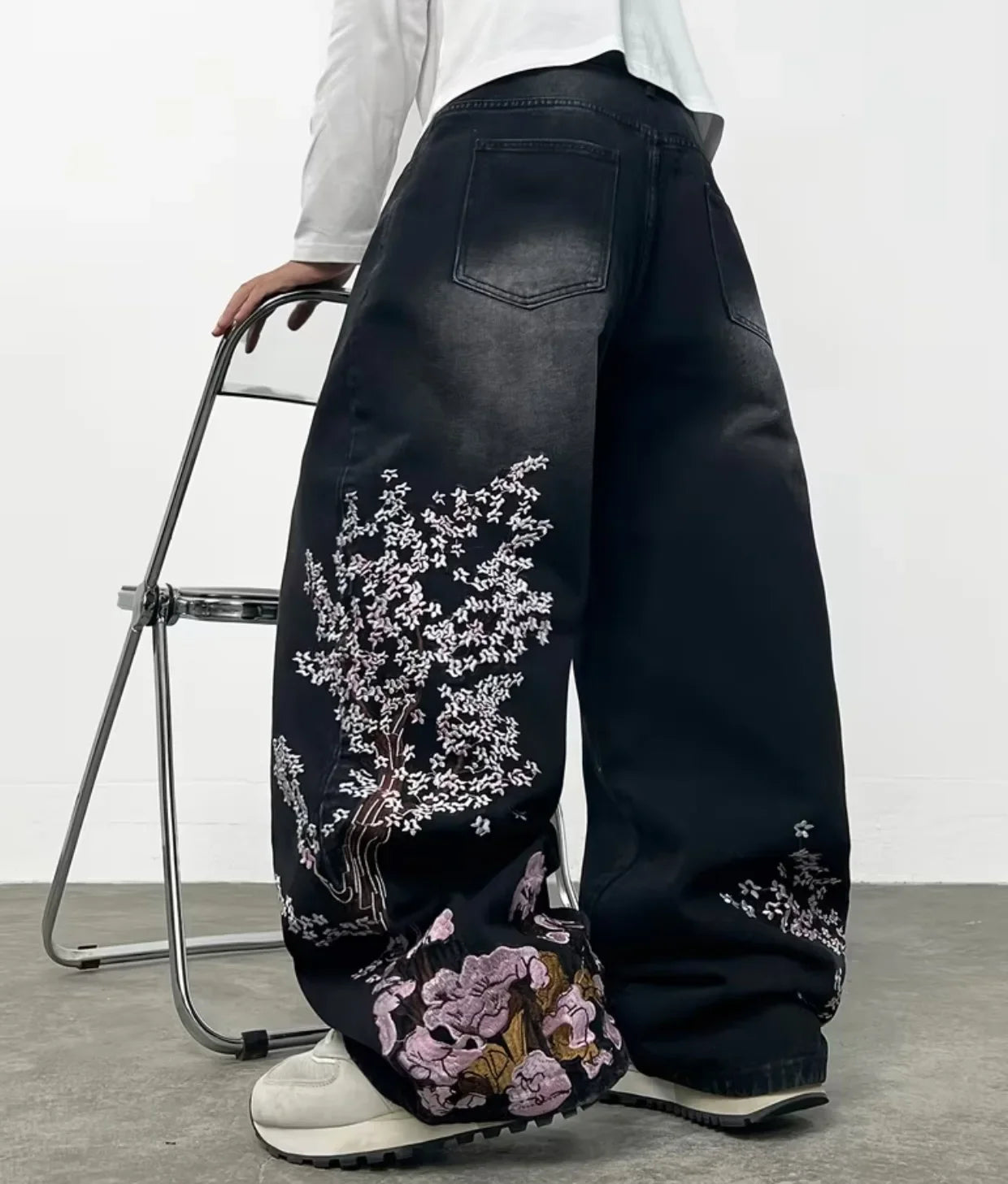 Hip Hop Cherry Blossom Embroidery Baggy Jeans Harajuku Wide Leg High Waisted Denim Pants Y2k Trend Jeans Clothing