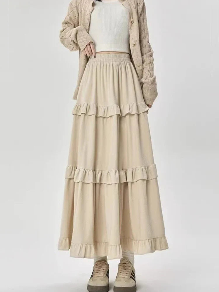 Fleece Midi Skirt Y2K Thick Ruffled Patchwork Casual Skirt Ladies High Waist Preppy A Line Skirt New