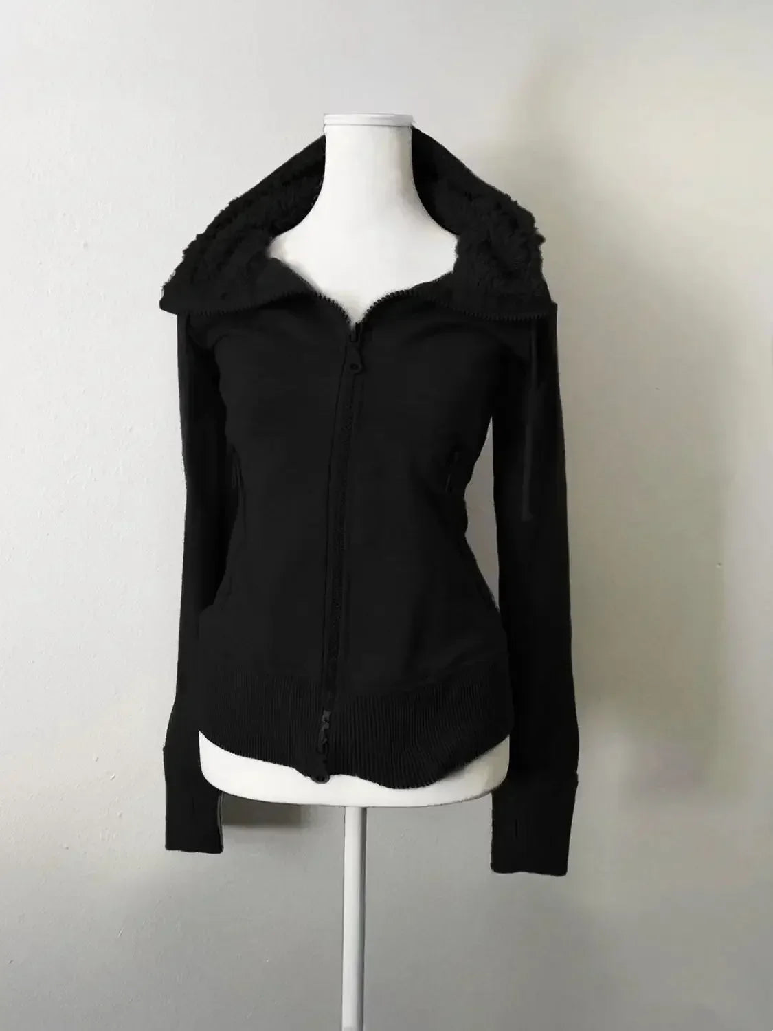 Y2k Grey Retro Wool Double Zipper Design Vintage Hooded Sweatshirt Cardigan Spring