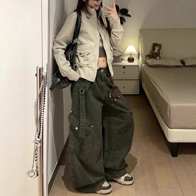 Retro Green Work Pants High Waist Wide Leg Loose Fit