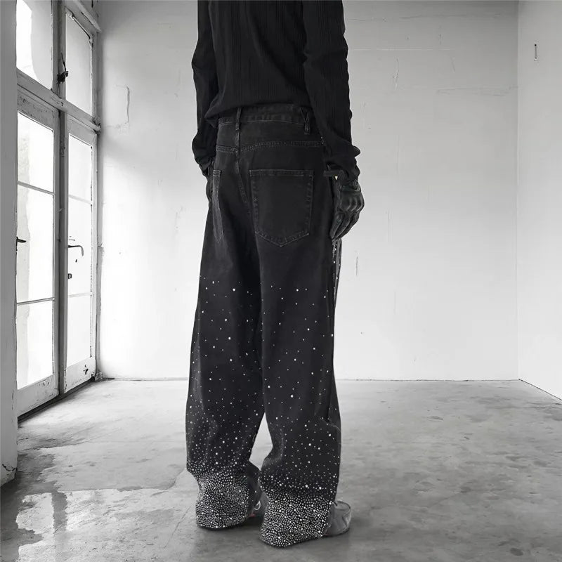 High Street Denim Pants Retro Full Diamond Stamping Hip-hop Loose Straight Leg Wide Leg Streetwear Jeans